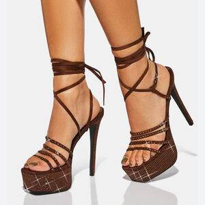 Azalea Wang Brown GIRLS NIGHT OUT STILETTO RHINESTONE Platform Heels